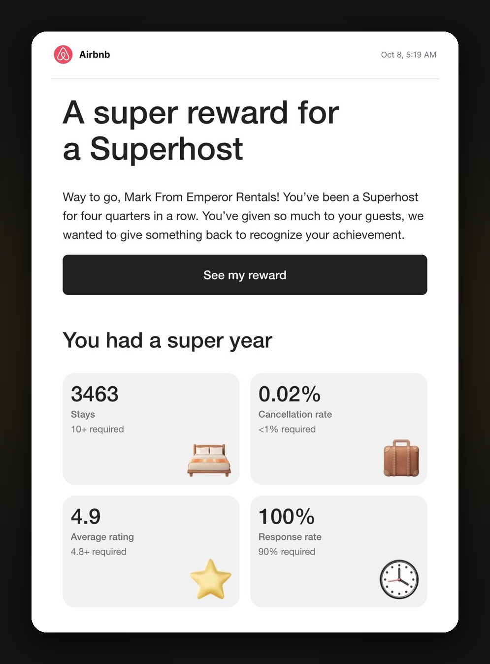 Airbnb's October 8, 2026 email to Emperor Rentals: a Superhost for four quarters in a row, with 3,463 stays, a 0.02% cancellation rate, a 4.9 average rating and a 100% response rate